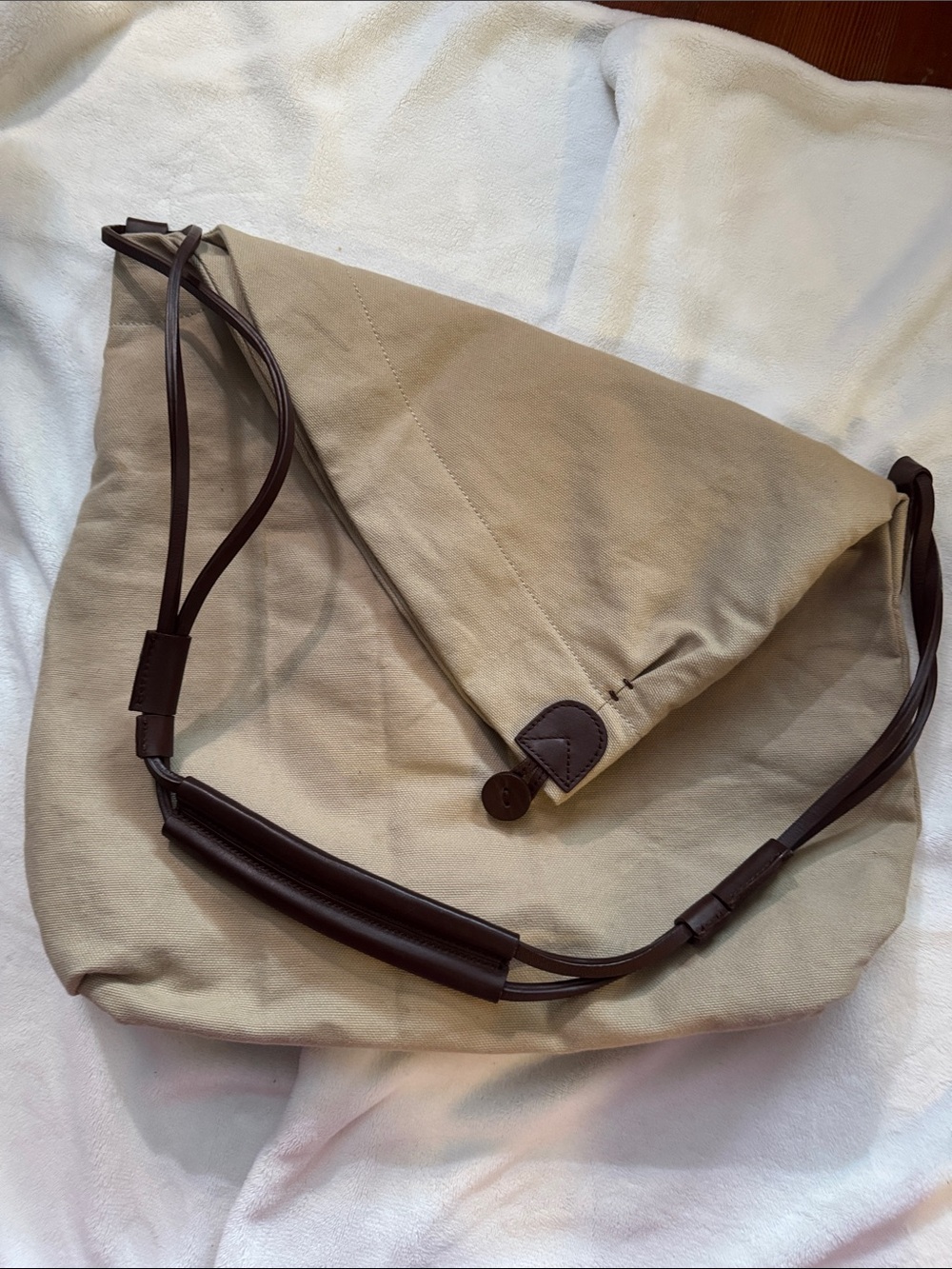 Michael Stars Beige Canvas Messenger Bag with Dark Brown Trim